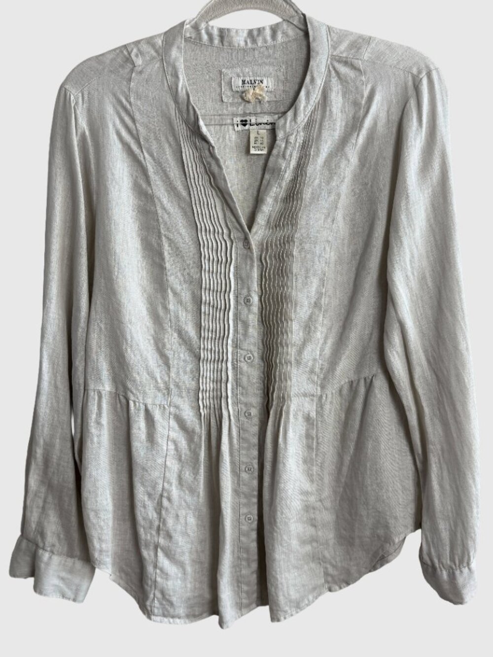 Malvin I Love Linen Hamburg Germany Pintuck Button Front Blouse Size Large